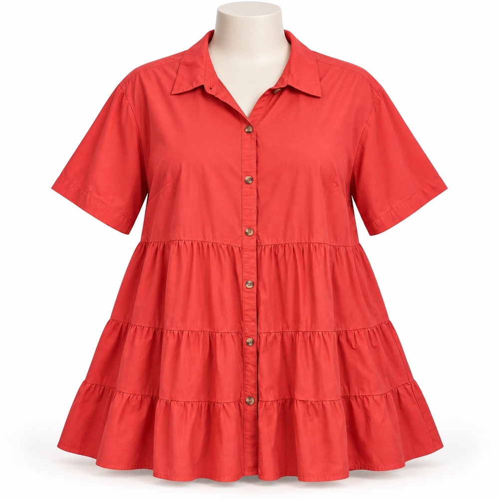 Porridge Tunic Top Womens XL Red Tiered Ruffle Boho Babydoll Button Front Shirt